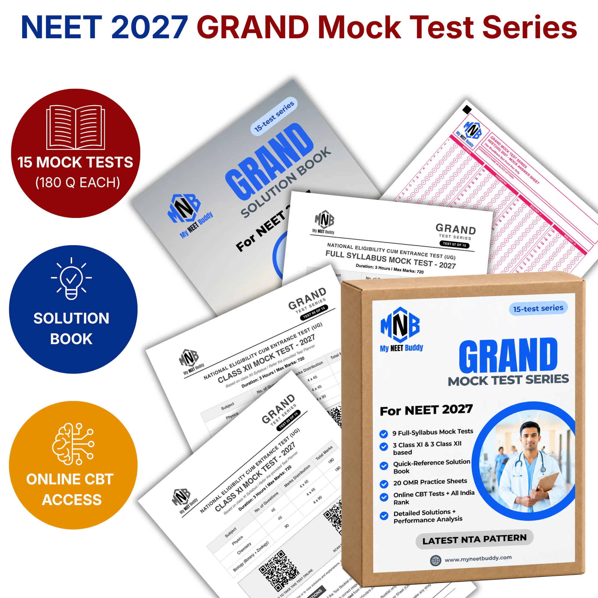 NEET 2027 GRAND Mock Test Series — pack box with 15 mock test booklets, solution book and OMR sheets